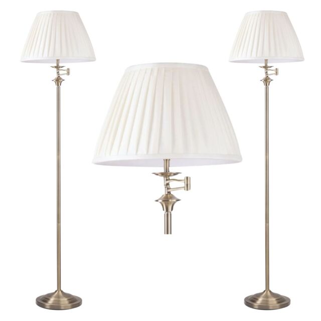 First Choice Lighting Set of 2 Antique Brass Swing Arm Floor Lamps with White Pleated Shades in Gold - image 1