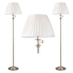 First Choice Lighting Set of 2 Antique Brass Swing Arm Floor Lamps with White Pleated Shades in Gold