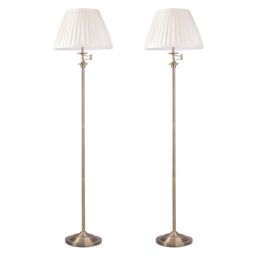 First Choice Lighting Set of 2 Antique Brass Swing Arm Floor Lamps with White Pleated Shades in Gold - thumbnail 2