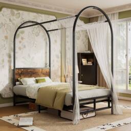 BTM Sturdy Canopy Twin Bed for Teens & Adults, Black+Wood in Black - Size: Single - thumbnail 1