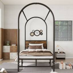 BTM Sturdy Canopy Twin Bed for Teens & Adults, Black+Wood in Black - Size: Single - thumbnail 8