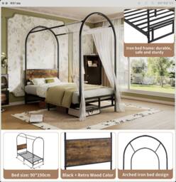 BTM Sturdy Canopy Twin Bed for Teens & Adults, Black+Wood in Black - Size: Single - thumbnail 7