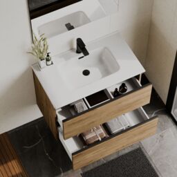 Banyetti Akiro 800mm Wall Hung Vanity with Athena Basin - Walnut in Light Brown - thumbnail 1