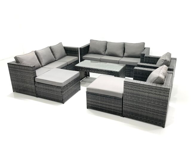 Fimous Rattan Garden Furniture Sofa Set with Coffee table Armchair 2 Big Footstools Dark Grey Mixed - image 1