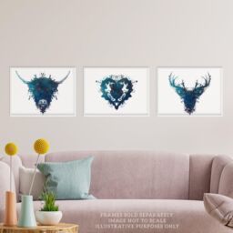 Wee Blue Coo Pack of 3 Ink Splat Thistle Heart Flower Hairy Coo Cow & Stag Celestial Space Scottish Painting Unframed Wall Art Living Room Prints Set - thumbnail 2