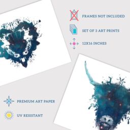Wee Blue Coo Pack of 3 Ink Splat Thistle Heart Flower Hairy Coo Cow & Stag Celestial Space Scottish Painting Unframed Wall Art Living Room Prints Set - thumbnail 4
