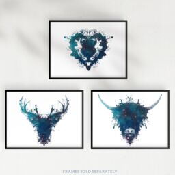 Wee Blue Coo Pack of 3 Ink Splat Thistle Heart Flower Hairy Coo Cow & Stag Celestial Space Scottish Painting Unframed Wall Art Living Room Prints Set - thumbnail 5
