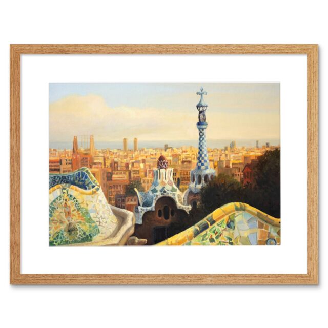 "Artery8 Wall Art Print Park Guell Painting Barcelona Art Framed 9x7 inch in Beige - Size: W7"" x H9""" - image 1