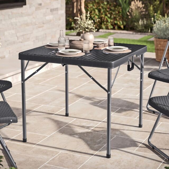 EONLION 80cm Black Rattan Design Square Folding Table Portable Carry Handle Garden Patio - image 1