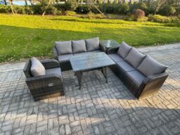 Fimous Outdoor Lounge Sofa Set Wicker PE Rattan Garden Furniture Set with Rectangular Dining Table Reclining Chair Side Table Dark Grey Mixed - thumbnail 2