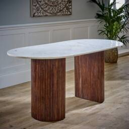 Indian Hub Opal Dining Table with Marble Top & Mango Wood Base - L85xW170xH76cm in Brown - thumbnail 3
