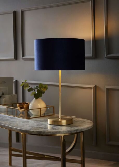 ValueLights Charlie Gold Stem Table Lamp with Velvet Drum with Gold Inner Lamp Shade & Bulb in Dark Navy - image 1