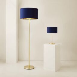 ValueLights Charlie Gold Stem Table Lamp with Velvet Drum with Gold Inner Lamp Shade & Bulb in Dark Navy - thumbnail 6