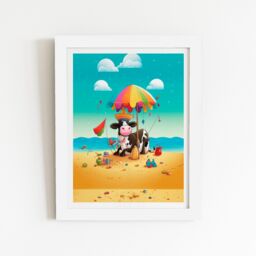 "Warren Reed - Designer Cow On A Beach Holiday Framed Art Print in White - Size: W16"" x H24""" - thumbnail 2