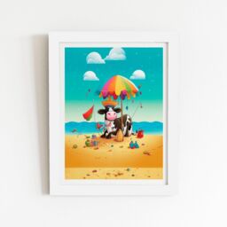 "Warren Reed - Designer Cow On A Beach Holiday Framed Art Print in White - Size: W16"" x H24""" - thumbnail 1
