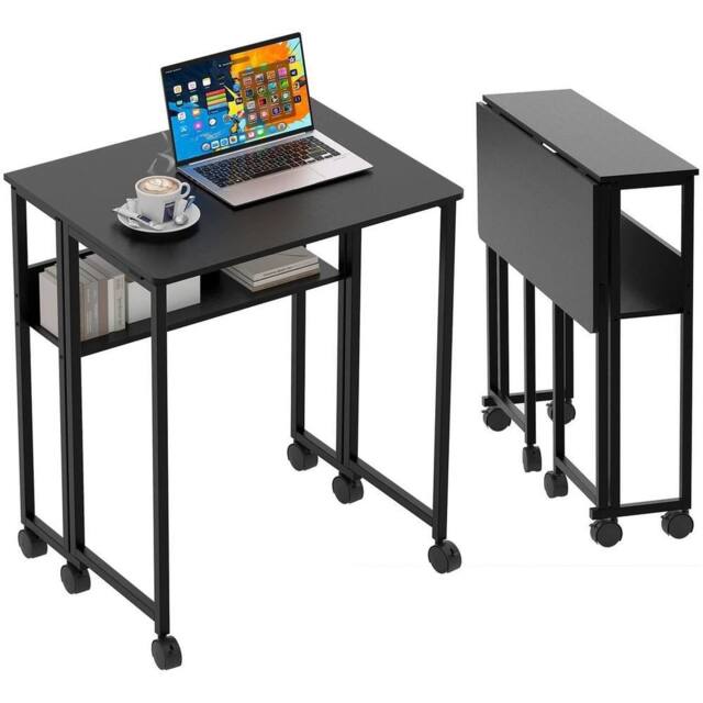 Nordara Black Folding Desk 63cm Storage Shelf Wheels Lock Casters Steel Frame Home Office - image 1