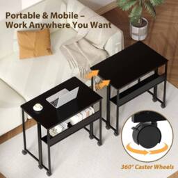 Nordara Black Folding Desk 63cm Storage Shelf Wheels Lock Casters Steel Frame Home Office - thumbnail 5