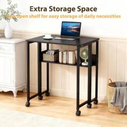Nordara Black Folding Desk 63cm Storage Shelf Wheels Lock Casters Steel Frame Home Office - thumbnail 3