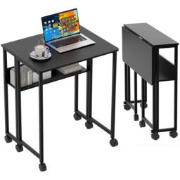 Nordara Black Folding Desk 63cm Storage Shelf Wheels Lock Casters Steel Frame Home Office