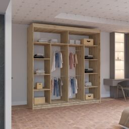 MN Furniture Reno 2 Sliding Door Wardrobe with Mirror & LED Light Black 203x217cm in Light Oak - Size: 203x217 cm - thumbnail 3