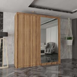 MN Furniture Reno 2 Sliding Door Wardrobe with Mirror & LED Light Black 203x217cm in Light Oak - Size: 203x217 cm - thumbnail 1
