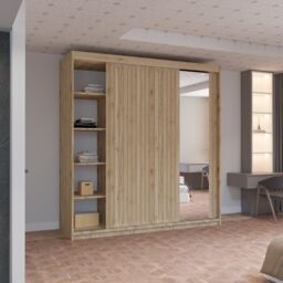 MN Furniture Reno 2 Sliding Door Wardrobe with Mirror & LED Light Black 203x217cm in Light Oak - Size: 203x217 cm - thumbnail 4