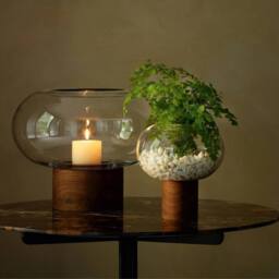 LSA Oblate Glass Vase Lantern 21.5cm with Walnut Base Clear - thumbnail 5