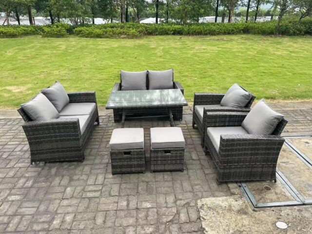Fimous 8 Seater Outdoor Dark Grey High Back Rattan Sofa Dining Table Set Garden Furniture Love Sofa Chair 2Stools