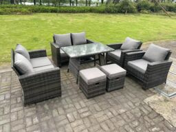 Fimous 8 Seater Outdoor Dark Grey High Back Rattan Sofa Dining Table Set Garden Furniture Love Sofa Chair 2Stools - thumbnail 3