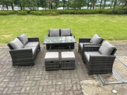 Fimous 8 Seater Outdoor Dark Grey High Back Rattan Sofa Dining Table Set Garden Furniture Love Sofa Chair 2Stools - thumbnail 1