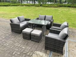 Fimous 8 Seater Outdoor Dark Grey High Back Rattan Sofa Dining Table Set Garden Furniture Love Sofa Chair 2Stools - thumbnail 2