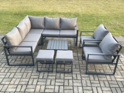 Fimous 9 Seater Outdoor Aluminium Garden Furniture Set Corner Lounge Sofa Set with Square Coffee Table 2 Small Footstools Dark Grey - thumbnail 2