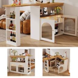 Rolipo Extendable Swivel Kitchen Island Bar Table With LED Storage White - thumbnail 6