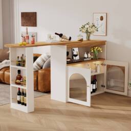 Rolipo Extendable Swivel Kitchen Island Bar Table With LED Storage White - thumbnail 9