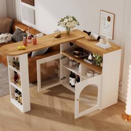 Rolipo Extendable Swivel Kitchen Island Bar Table With LED Storage White