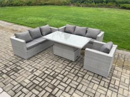 Fimous Outdoor PE Rattan Garden Funiture Set Height Adjustable Rising Lifting Table Sofa Dining Set with Armchair in Light Grey - thumbnail 2
