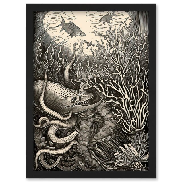 Artery8 Aquatic Animals & Plants Linocut Illustration Artwork Framed Wall Art Print A4 in Black - image 1