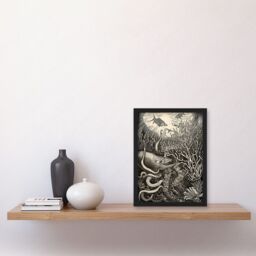 Artery8 Aquatic Animals & Plants Linocut Illustration Artwork Framed Wall Art Print A4 in Black - thumbnail 2
