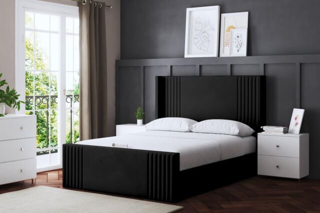 DS Living Elara Winged Black Panel Bed with Headboard - Size: Double - image 1