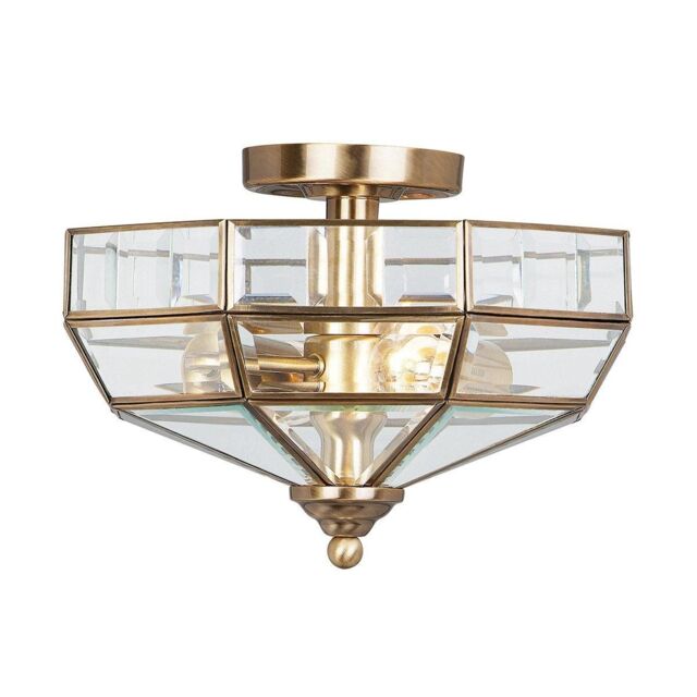 Netlighting Old Park 2 Light Semi Flush Ceiling Light Antique Brass E27 in Yellow