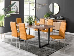 FurnitureboxUK Kylo Large Brown Wood Effect Dining Table & 6 Milan Chrome Leg Faux LeatherChairs in Mustard