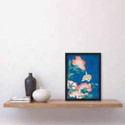 Artery8 Katsushika Hokusai Framed Wall Art Print Canary & Peony Flowers in Blue - Size: A3 - thumbnail 2
