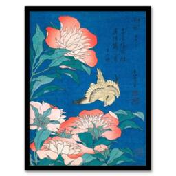 Artery8 Katsushika Hokusai Framed Wall Art Print Canary & Peony Flowers in Blue - Size: A3 - thumbnail 1