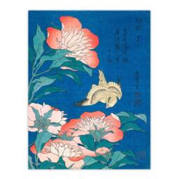 Artery8 Katsushika Hokusai Framed Wall Art Print Canary & Peony Flowers in Blue - Size: A3 - thumbnail 3