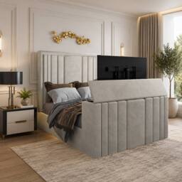 KDMD Ashburnham Upholstered Soft Velvet Pebble Tv Bespoke Bed Frame in Light Sand - Size: Double - thumbnail 1