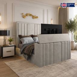KDMD Ashburnham Upholstered Soft Velvet Pebble Tv Bespoke Bed Frame in Light Sand - Size: Double - thumbnail 3