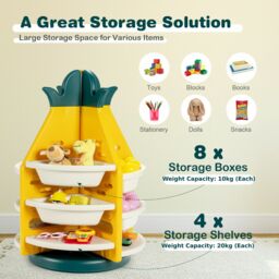 Costway Toy Storage Organizer 3 Tier 360° Revolving Pineapple Shelf 8 Plastic Bins - thumbnail 2