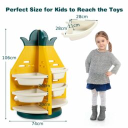Costway Toy Storage Organizer 3 Tier 360° Revolving Pineapple Shelf 8 Plastic Bins - thumbnail 4
