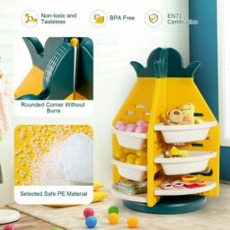 Costway Toy Storage Organizer 3 Tier 360° Revolving Pineapple Shelf 8 Plastic Bins - thumbnail 3