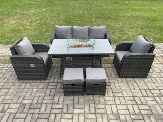 Fimous Garden Patio Furniture Wicker Rattan Gas Fire Pit Table & Chair set with 3 Seater Sofa 2 Small Footstools Dark Grey Mixed - image 1
